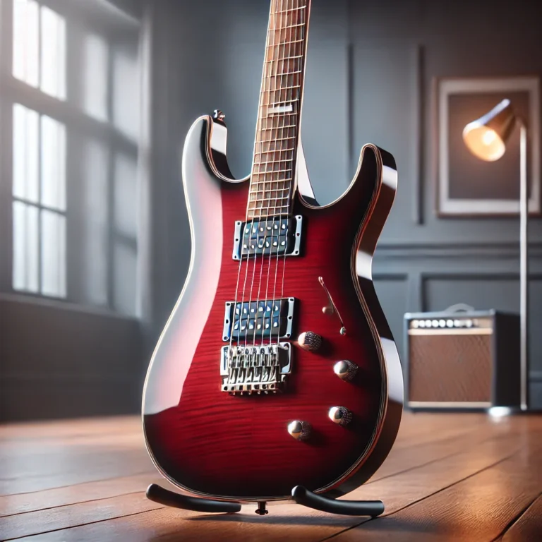 DALL·E 2025-05-13 14.35.32 - A realistic 3D render of a modern electric guitar. The guitar has a glossy red finish with a sleek, contoured body and chrome hardware